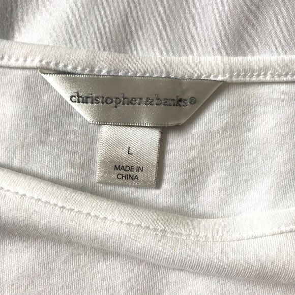 Christopher & Banks Top Tee L White Aqua Stripe 3/4 Slv Sequins Cotton Knit EEUC - Picture 2 of 9